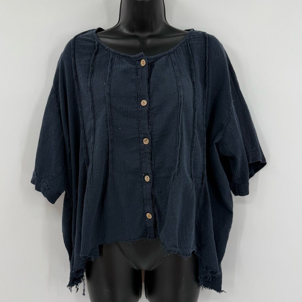 Roaman's Vintage 100% Cotton Crinkle Gauze Button-Front Top in Navy | Size Large